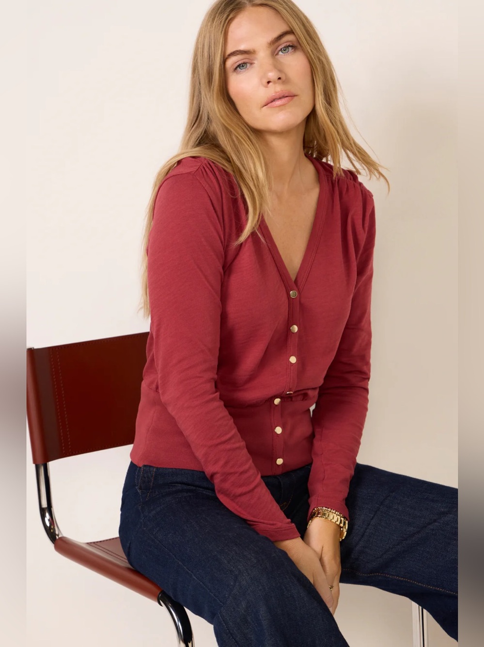 Nation LTD Button-Down V-Neck Long-Sleeve Blouse Top Colette Red medium